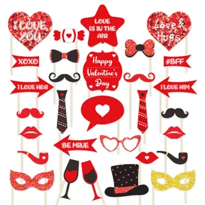 Valentine's Day Wedding Photo Booth Props Cardboard Heart Lip Mustache Glasses Decoration For Romantic Party Photography