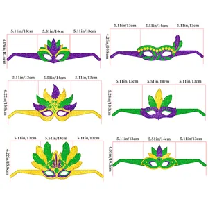 Lot de six masques pailletés de Mardi Gras avec dimensions détaillées pour la fête