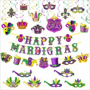 Mardi Gras Party Decoration Set Happy Mardi Gras Banner Garland Hanging Swirls Masks Crown Carnival Party Supplies