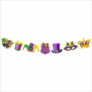 Colorful Mardi Gras party banner with carnival masks, crowns and drums on white backdrop
