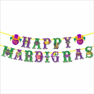 Happy Mardi Gras festive party banner with purple green gold masks and crowns decorations
