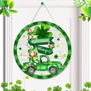 Panneau de porte rond St Patrick avec camion Leprechaun Way et motifs trèfles