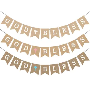Rustic Burlap God Bless Banner Cross Garland For Baby Shower Baptism Holy Communion Decoration Party Bunting Banner Supplies