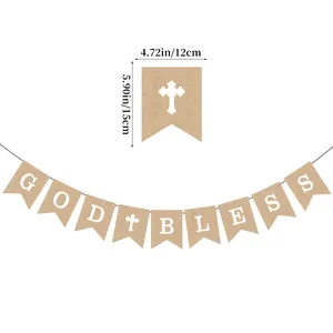 Natural burlap God Bless banner with white letters and cross for baptism decoration