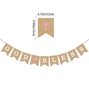 Macro detail of God Bless burlap banner with pink cross for baptism party decoration