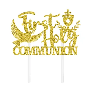 Golden glitter First Holy Communion cake topper with chalice and dove on white background