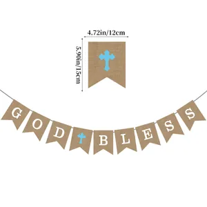 Detail showing natural linen God Bless banner with white letters and blue cross