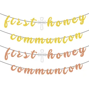 First Holy Communion Glitter Banner Gold Rose Gold Cross Letters Party Decorations Baptism Event Garland