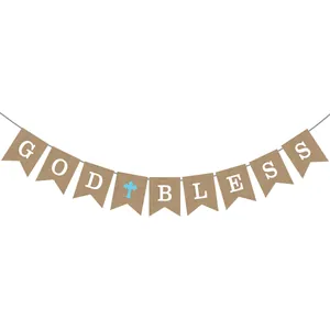 Linen God Bless banner with blue cross for baby shower and baptism party decorations
