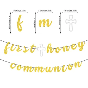 Golden glitter First Holy Communion banner with silver crosses for baptism party decor