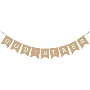God Bless burlap banner with pink cross for baby shower and baptism party decoration