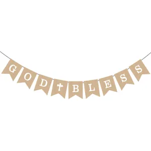 Natural burlap banner with God Bless white lettering and cross for baptism decoration