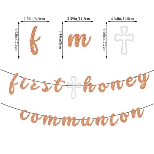 Rose gold glitter First Holy Communion banner with cross decor and size dimensions