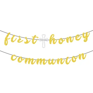 Glittering gold First Holy Communion party banner with silver cross decoration