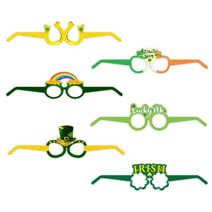 Detailed close-up of six unique St. Patrick's Day themed paper glasses for party decoration