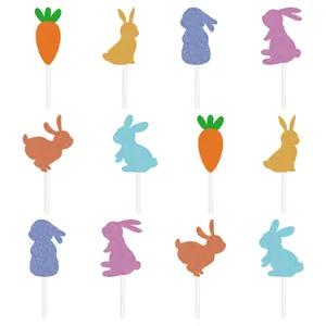 Glittery Easter cake toppers set featuring colorful bunnies and carrots on white background
