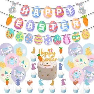 Décoration de Fête de Pâques Ballons en Latex Imprimé Lapin Œuf Nain Cake Toppers Bannière en Papier Guirlande Spirale