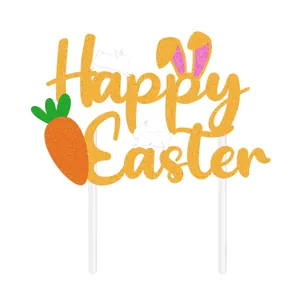 Glittering Happy Easter cake topper with orange carrot and rabbit ears detail
