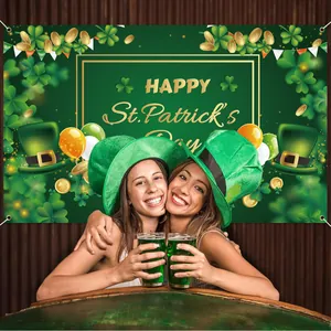 Happy St Patrick's Day Backdrop Polyester Green Shamrock Gold Coins Leprechaun Banner For Party Decoration Photo Booth Props Festival Wall Hanging Poster