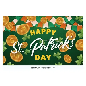 Close-up of St. Patrick's Day banner featuring shamrocks, gold coins and festive typography