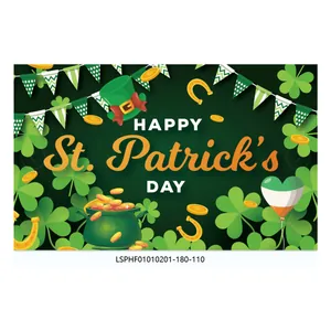 Detail of St. Patrick's Day banner with lucky clover, green hat, and gold coin motifs