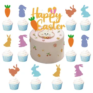Glitter Happy Easter Cake Topper Rabbit Carrot Design Holiday Party Dessert Cupcake Decorating Supplies For Baking Event