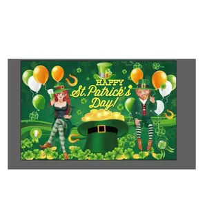 Close-up of St. Patrick's Day banner featuring leprechauns, shamrocks and gold coins