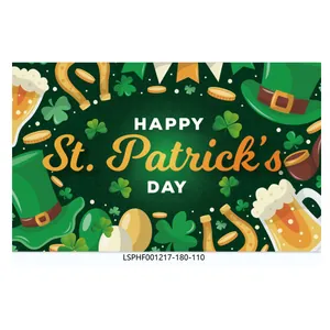 Detailed flat lay of St. Patrick's Day banner with shamrocks, gold coins and green hats
