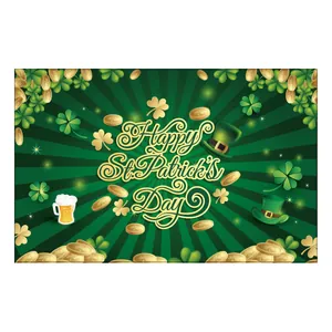 Detail of St. Patrick's Day backdrop with lucky clover, golden coins and leprechaun hat