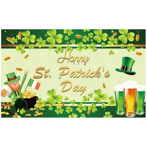Detail of St. Patrick's Day banner featuring Leprechaun, clover, and gold coins