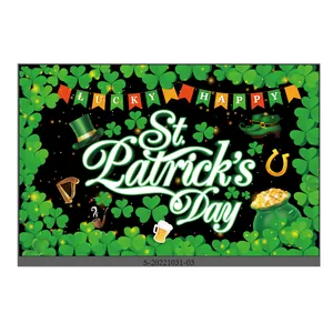 St. Patrick's Day clover banner with green shamrocks and gold coins on black background