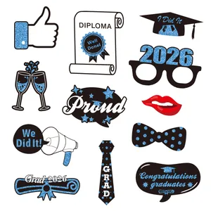 10-piece 2026 graduation photo booth props with blue glitter, diploma and party accessories