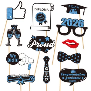 Detailed 12-piece set of 2026 graduation photo props with blue glitter finish for parties