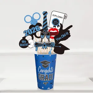 Detailed 2026 graduation party photo props set with blue glitter glasses and ties