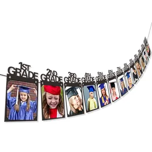 Black graduation photo banner from Kindergarten to 12th Grade for party decor