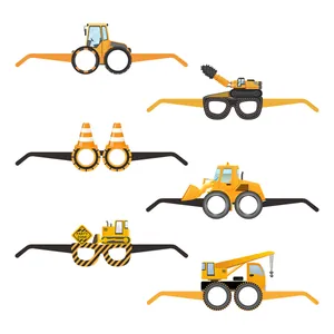 Detail view showing six different construction vehicle party paper glasses for kids