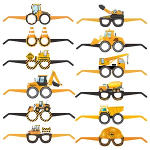 Detailed set of 12 construction party paper glasses with excavator and bulldozer designs