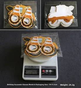 Construction party glasses packaging detail with excavator design and weight specs