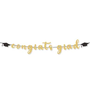Detalle de banner dorado brillante Congrats Grad con siluetas de gorros de graduación