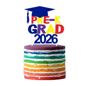 Rainbow Pre-K Grad 2026 cake topper with navy graduation cap on a colorful layered cake