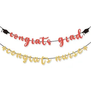Pancartas de purpurina roja y dorada Congrats Grad y Congrats Nurse con gorros de graduación