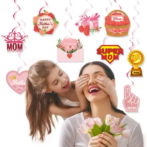 Joyeuse Fête Des Mères Décorations En Spirale Suspendues Rose PVC Papier Cœur Trophée Couronne Motif De Fleurs Pour Fête Maison Décoration Festive