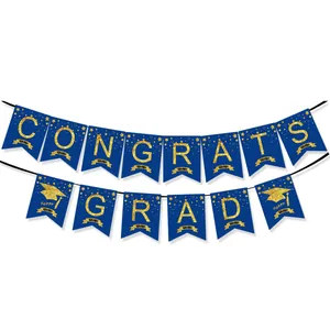 Blue and gold graduation banner set with Congrats Grad glitter text and mortarboard icons