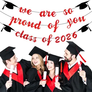 Class Of 2026 Graduation Banner Red Glitter We Are So Proud Of You Banner Graduation Cap Star Hanging Party Decorations