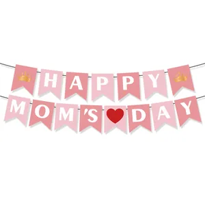 Pink Happy Mom's Day banner with swallowtail flags and golden crown decorations