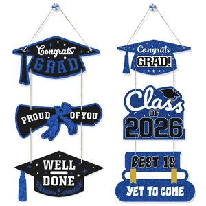 Blue glitter Class of 2026 graduation banner set with congrats grad cap design