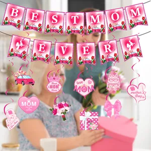 Mother's Day party decorations set with Best Mom Ever banner and pink heart hanging swirls