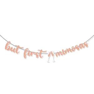 Rose gold glitter banner with but first mimosas text and champagne glass icons