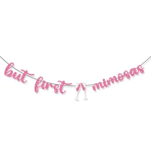Pink glitter 'but first mimosas' party banner with sparkling champagne glass icons