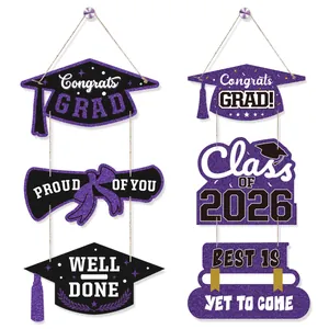 Set of 2026 graduation hanging door signs with purple sequins and Congrats Grad message